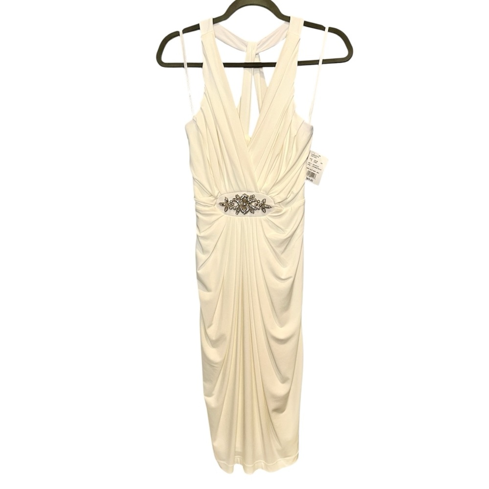 NWT David's Bridal Ivory V-Neck Halter Wedding Dress w/ Embellished Waist-Size 8